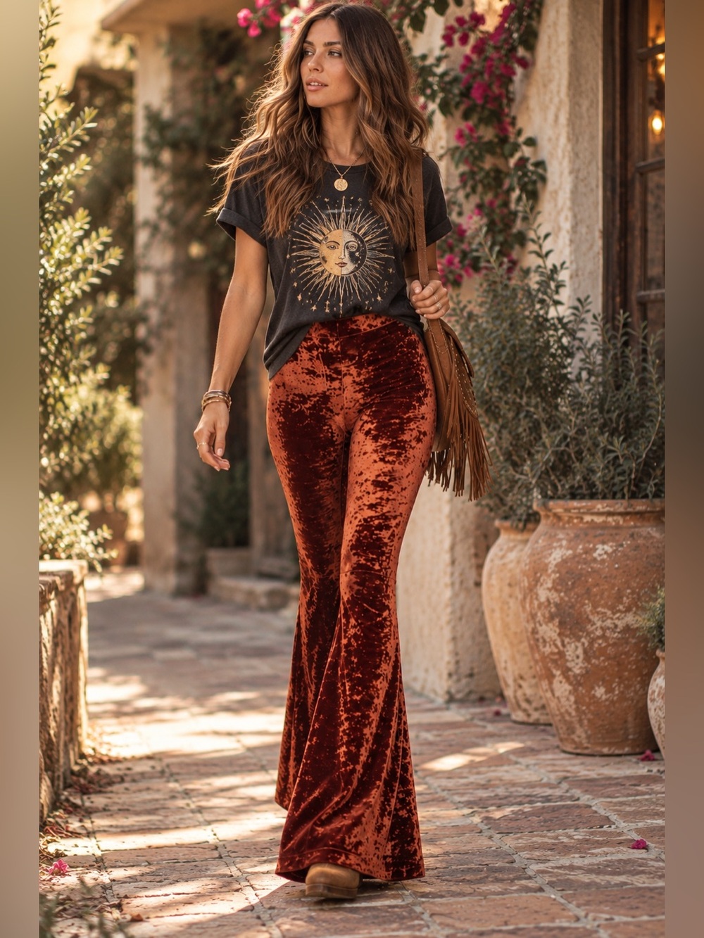 Show Me Your Mumu Crushed Velvet Bam Bam Bells Rust Flare Bell Bottom Pants XS
